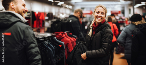 Woman smiling happy in clothing store with black friday special offer