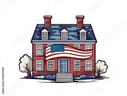 Doodle Betsy Ross house, cartoon sticker, sketch, vector, Illustration, minimalistic