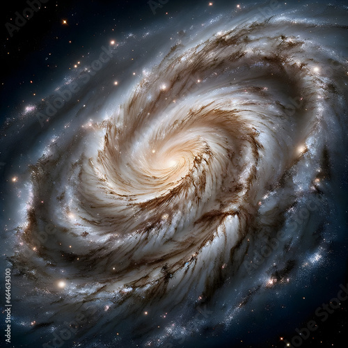 A swirling celestial structure with bright star-filled arms and dark dust lanes, like the Milky Way.