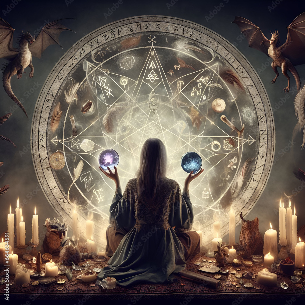 Mystical Girl Person Seance Sleep Meditating to Gentle Waves of Piano Spell Music, Dark Fantasy Magic Birth Chart, Zodiac Astrology Signs Portal, Tarot Energy Cards, , Ancient Alchemy, Mereology Being - obrazy, fototapety, plakaty 