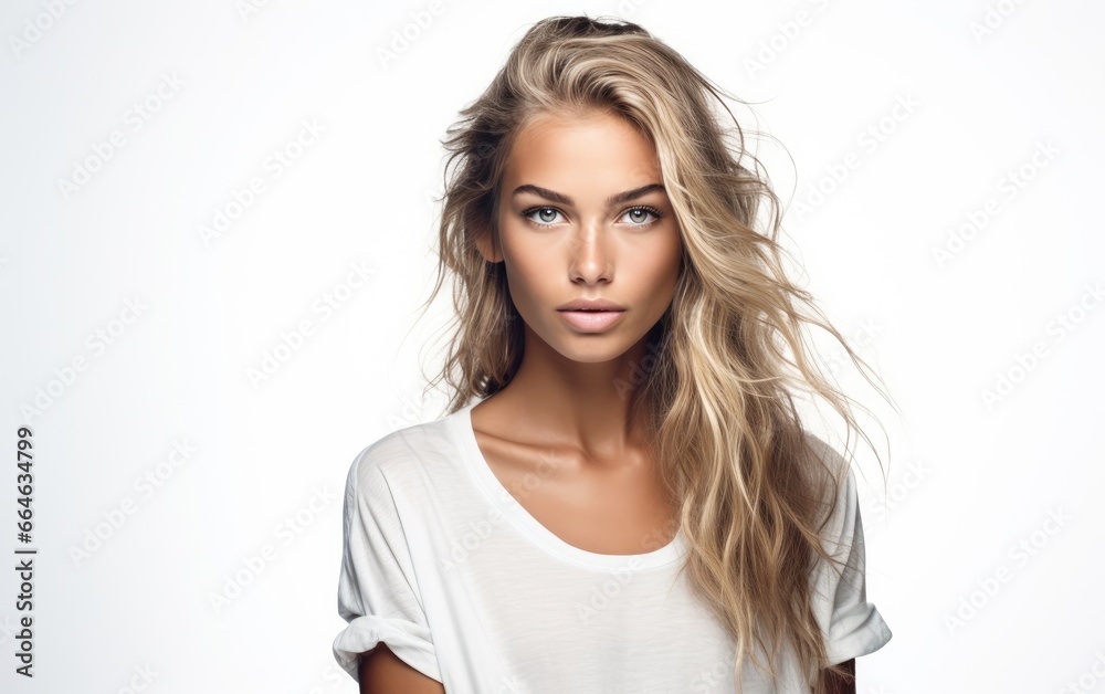 An attractive beautiful tanned skin scandinavian model posing, over white background An attractive beautiful tanned skin scandinavian model posing, over white background