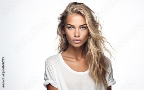 An attractive beautiful tanned skin scandinavian model posing, over white background