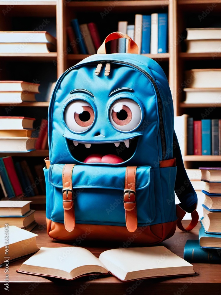 AI generated illustration of a blue backpack with a humorous painted face and books on the table AI generated illustration of a blue backpack with a humorous painted face and books on the table