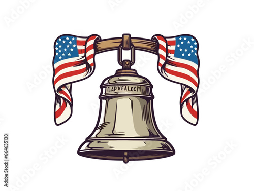 Doodle Liberty Bell with ribbon, cartoon sticker, sketch, vector, Illustration, minimalistic