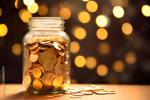 Coins in glass jar isolated on bokeh background