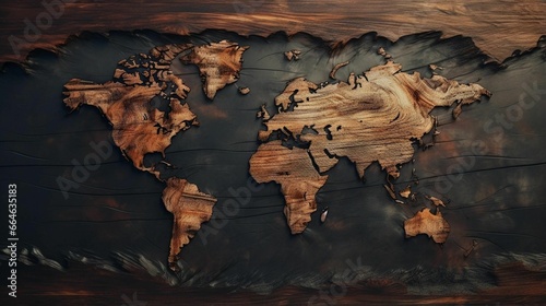 Beautiful carved world map on wood.