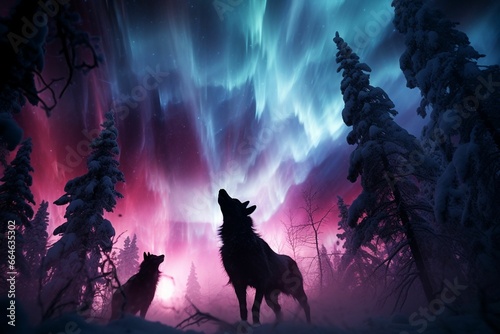 AI generated illustration of wolves in a forest under the Northern lights © Wirestock