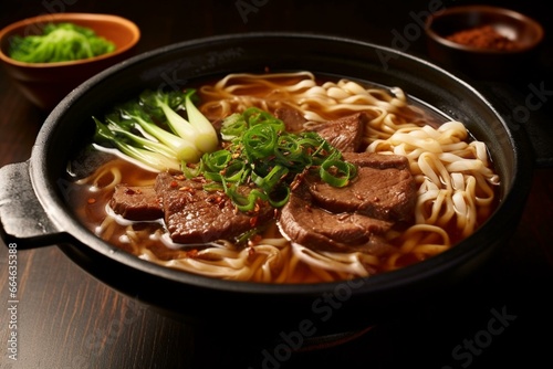 Traditional Japanese dish made with udon noodles and a flavorful broth topped with tender slices of grilled fox meat. Generative AI