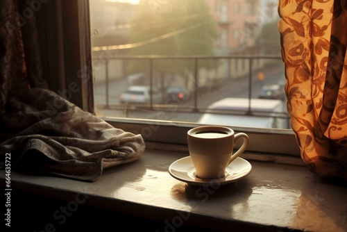 A comforting image: warm coffee on a windowsill. Generative AI