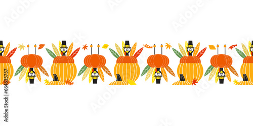 Thanksgiving Day Fall holiday fancy seamless vector flat border pattern. Cute turkey pumpkin cartoon design element. Hand drawn autumn Fall harvest holiday festival celebration background illustration