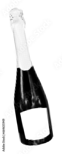 Champagne bottle halftone collage element. Cutout of magazine shape, modern retro, grunge punk clip art for New year design. Vector illustration isolated on transparent background