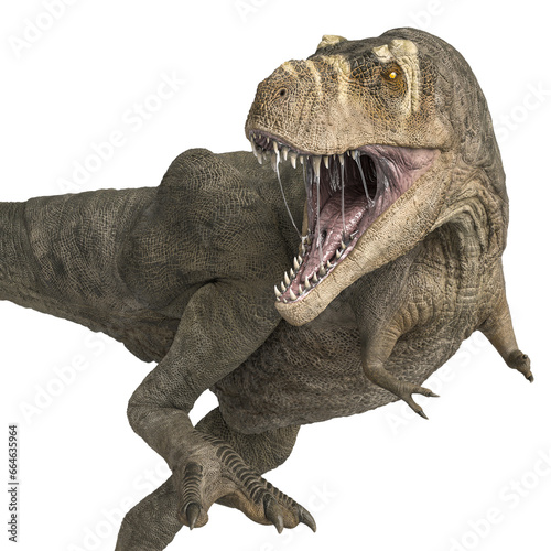 tyrannosaurus rex is angry and is looking back on close up side view
