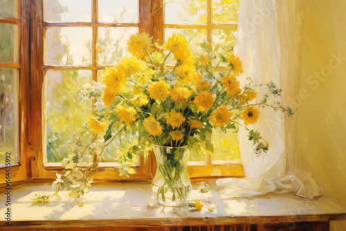 Bunch of  Yellow Flowers in Glass Vase Against Sunny Window and Curtains Painting. Canvas Texture.