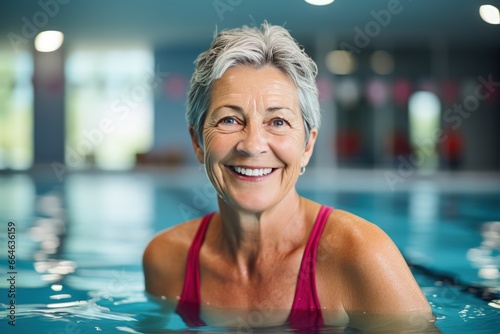 Active senior women enjoying aqua fit class in a pool photo
