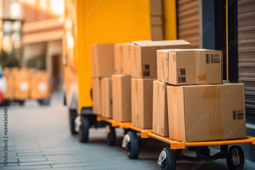 Boxes on the trolley of the warehouse. Blurred background Boxes on the trolley of the warehouse. Blurred background