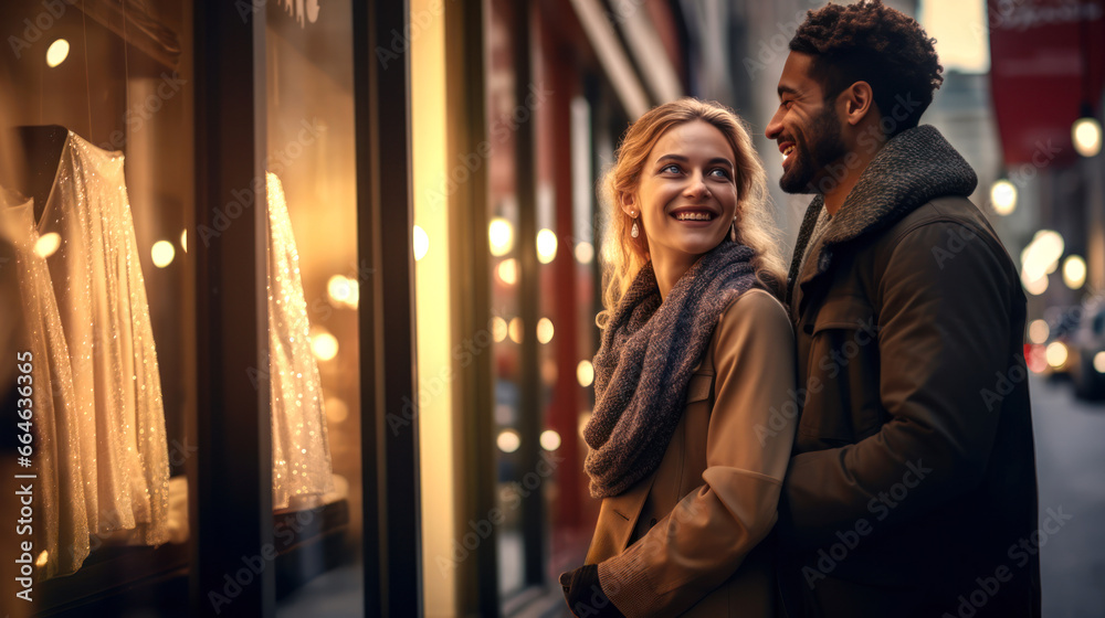Couple doing some street shopping. Diverse couple on Christmas market Couple doing some street shopping. Diverse couple on Christmas market