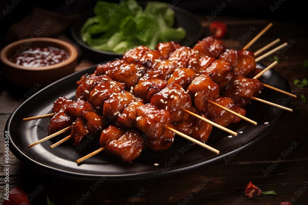 Grilling barbecue teriyaki chicken kebab in decent ceramic plate on wooden table, delicious protein meal on display.