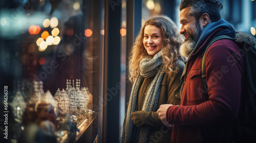 Diversity couple in love walks along the shop windows at night during Christmas sales © Tatiana Maramygina