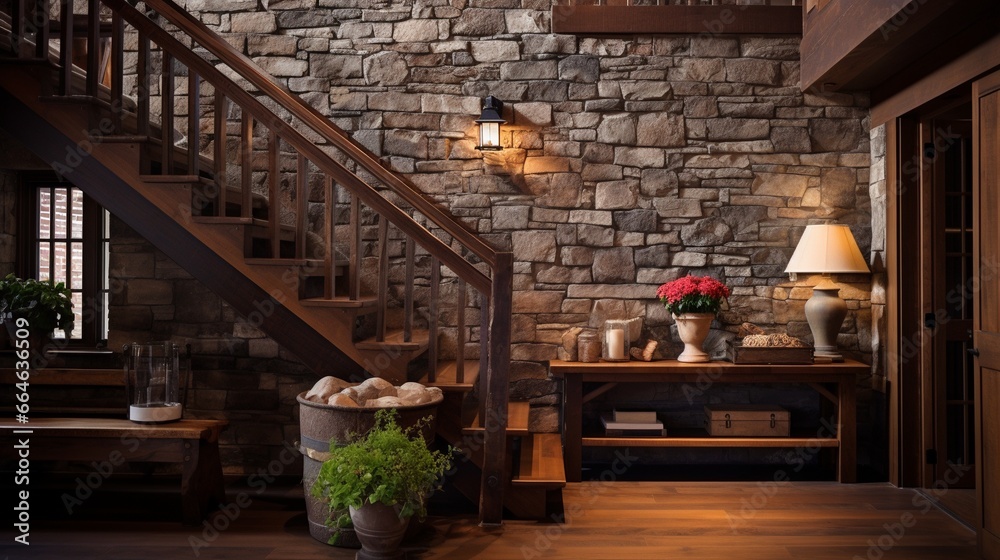Boho interior design of modern entrance hall with wooden staircase and rustic decor pieces, handcrafted wooden furniture under the stair, welcoming hallway on vintage stone wall background. Boho interior design of modern entrance hall with wooden staircase and rustic decor pieces, handcrafted wooden furniture under the stair, welcoming hallway on vintage stone wall background.