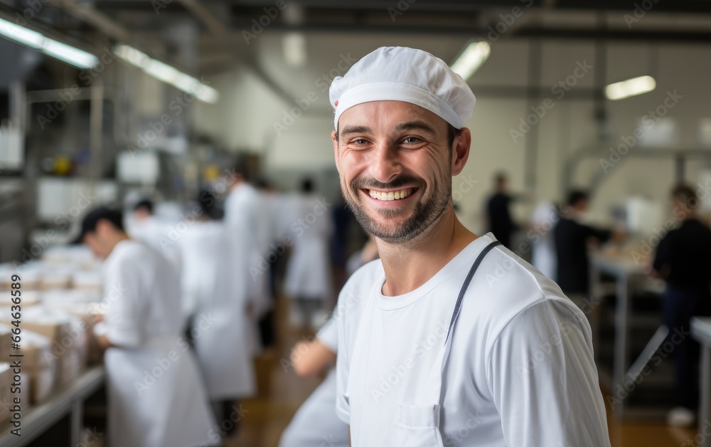 A happy male employee and a production line in the background