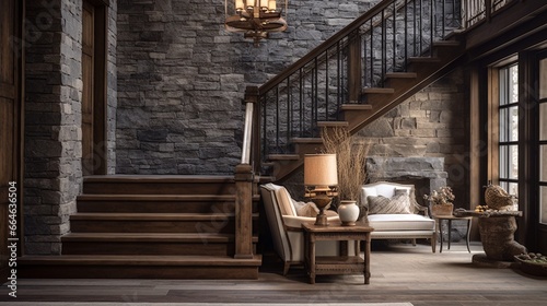 Boho interior design of modern entrance hall with wooden staircase and rustic decor pieces, handcrafted wooden furniture under the stair, welcoming hallway on vintage stone wall background.