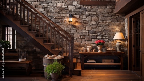 Boho interior design of modern entrance hall with wooden staircase and rustic decor pieces  handcrafted wooden furniture under the stair  welcoming hallway on vintage stone wall background.