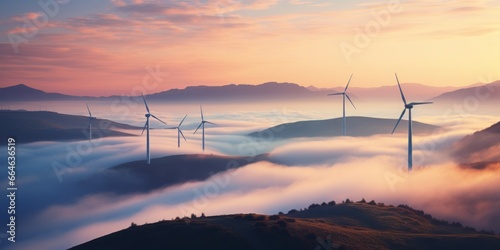 Wind Farms Amid Morning Mist, A Vision of Green Energy and Eco-Friendly Innovation photo
