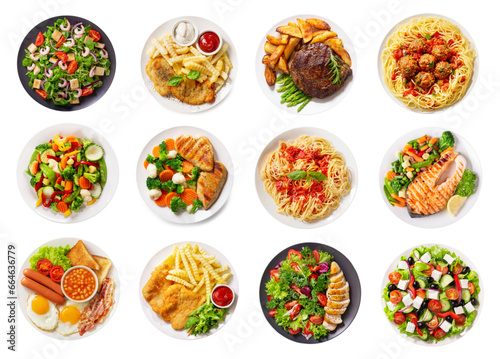 set of various food plates isolated on white background, top view