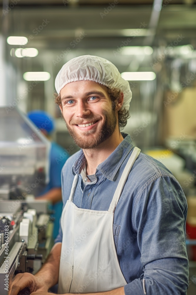 A happy male employee and a production line in the background A happy male employee and a production line in the background