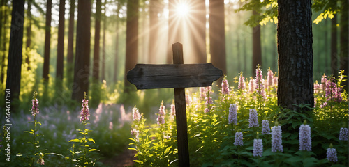 A rustic empty wooden signpost embraced by blooming wildflowers on a forest clearing, sunlight filtering through tall trees photo