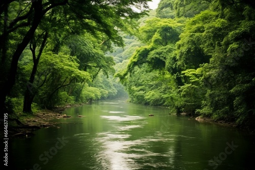 Serene scenic river amidst lush greenery. Generative AI