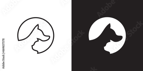 Cat and dog negative space petshop circle, dog cat circle logo icon vector illustration.