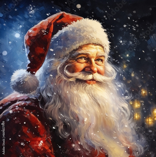 The illustration of Santa Claus portrays the jolly and iconic figure with his rosy cheeks, fluffy white beard, and red suit, embodying the spirit of Christmas and gift-giving
