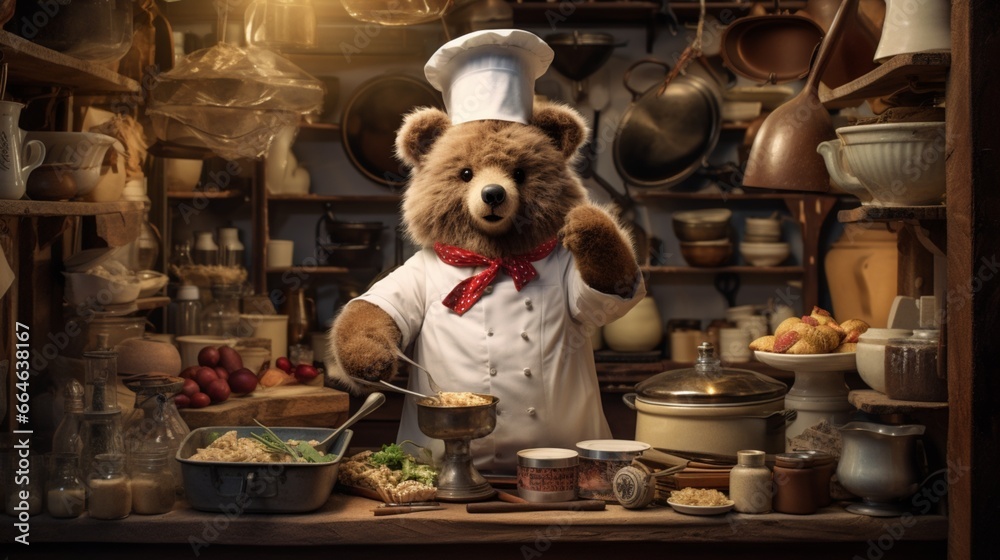 A teddy bear with a chef's hat, standing in a kitchen surrounded by pots, pans, and ingredients. The bear has a mischievous expression, as if ready to cook up a culinary masterpiece.
