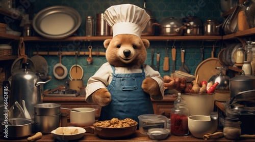 A teddy bear with a chef s hat  standing in a kitchen surrounded by pots  pans  and ingredients. The bear has a mischievous expression  as if ready to cook up a culinary masterpiece.
