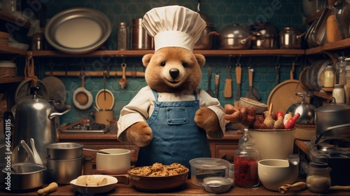 A teddy bear with a chef's hat, standing in a kitchen surrounded by pots, pans, and ingredients. The bear has a mischievous expression, as if ready to cook up a culinary masterpiece.