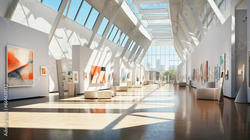 Contemporary art gallery with beautiful bright modern paintings displayed on minimalist white walls. Sunlight penetrates in exhibition space through panoramic windows photo