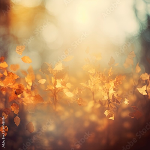 An out of focus blurred autumn background with leaves and lots of bokeh. Room for text copy.
