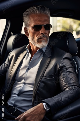 Elegant middle age male in a luxury car