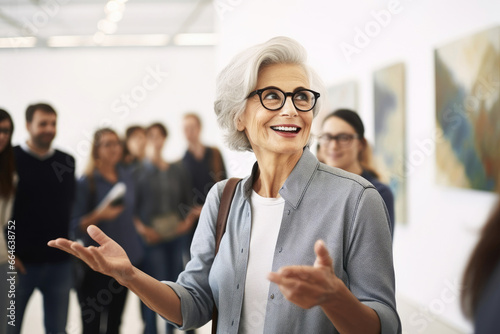 Elegant woman, a lady art guide, historian and a curator of an exhibition at a modern museum of contemporary art. Gives a lecture group of people, visitors gallery, about paintings and artworks photo