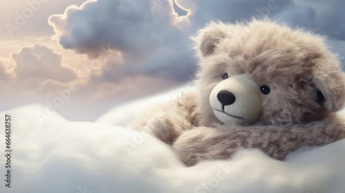 A close-up of a teddy bear with soft, mottled gray fur, sitting on a fluffy, cloud-like pillow. The bear has a serene and peaceful expression.
