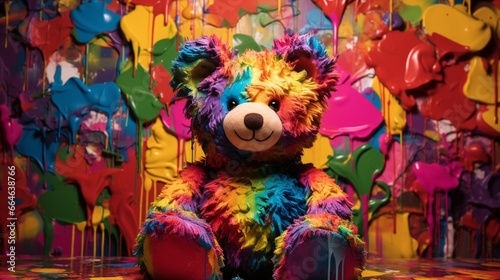 A close-up of a teddy bear with vibrant, multi-colored fur, sitting against a backdrop of a child's art-filled wall. The bear exudes a sense of joy and creativity.