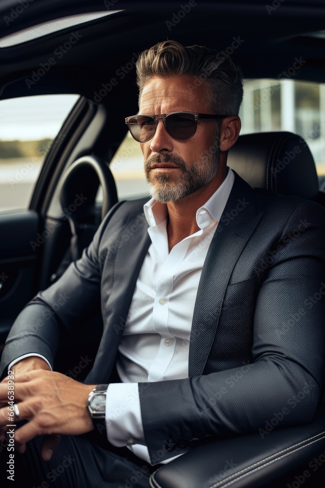 Elegant middle age male in a luxury car Elegant middle age male in a luxury car