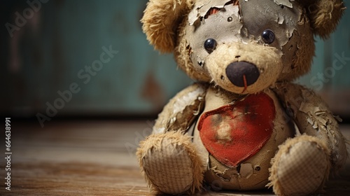 A close-up of a well-loved teddy bear, with patches and stitching showing its years of cuddles. The teddy bear has a nostalgic charm and a stitched smile.
