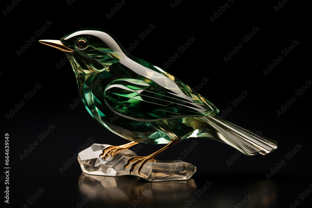 Green emerald gemstone glass bird figurine with gold details isolated on black background. Luxury and jewelry concepts. - obrazy, fototapety, plakaty 