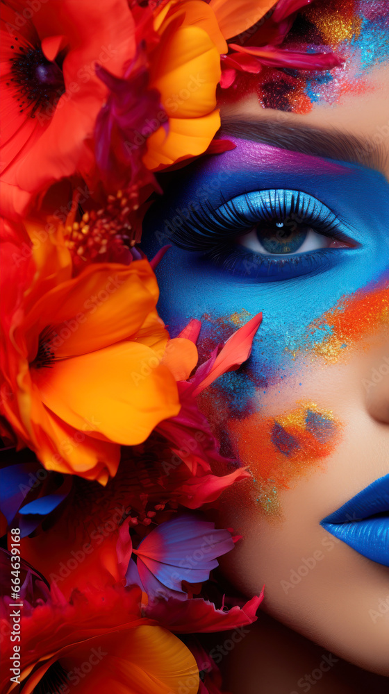 Beautiful woman with bright make-up and flowers in her hair close-up