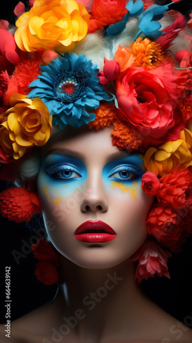 Fashion portrait of beautiful young woman with bright make up and flowers in hair.