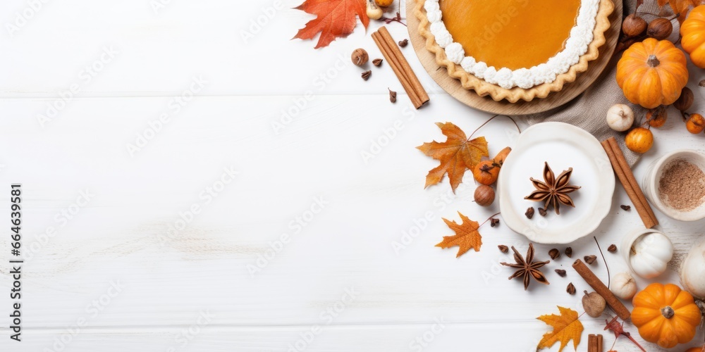 Top view of pumpkin pie preparation. Homemade traditional dessert for thanksgiving and halloween - obrazy, fototapety, plakaty 
