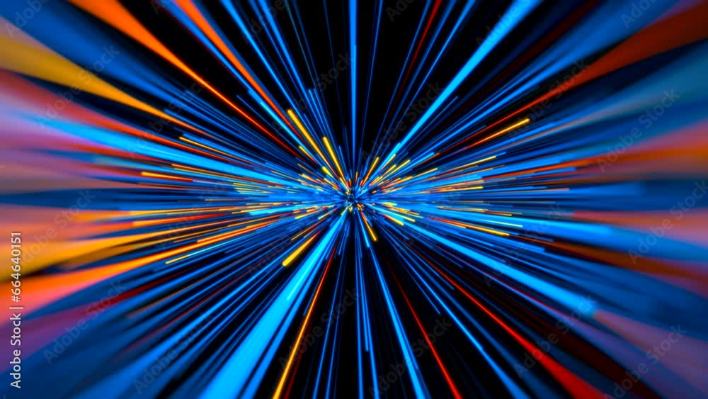 Abstract background in blue and orange neon glow colors. Speed of light in galaxy. Explosion in universe. Cosmic background for event, party, carnival, celebration, anniversary or other. 3D rendering. Abstract background in blue and orange neon glow colors. Speed of light in galaxy. Explosion in universe. Cosmic background for event, party, carnival, celebration, anniversary or other. 3D rendering.