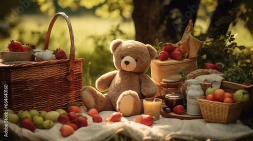A teddy bear sitting on a picnic blanket in a sun-dappled forest clearing, surrounded by a basket of fruits and sandwiches. The bear's expression is one of contentment. © Teddy Bear
